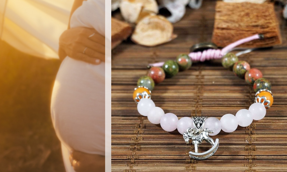 babaváró, terhesség könnyítő rózsakvarc és unakit ásvány karkötő hintaló szimbólummal