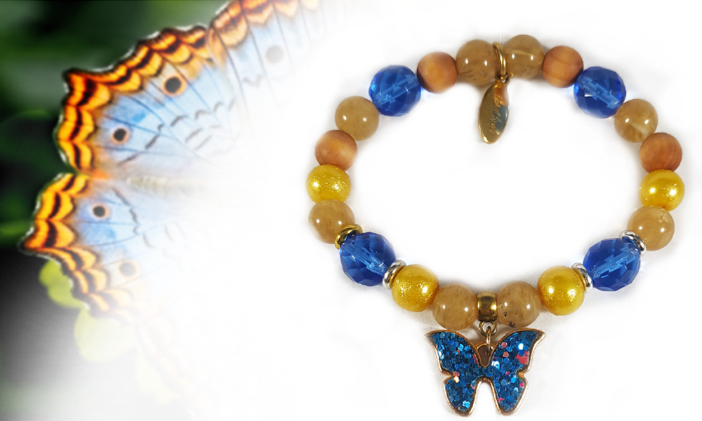 szorongás elleni citrin karkötő egyedi pillangó medállal, kék és sárga színű